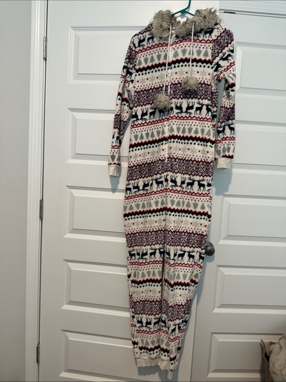 Cozy Winter Reindeer Hooded Onesie Dress - White with Red & Black Pattern